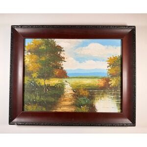 Framed Landscape Oil Painting Peaceful River path with Trees in Autumn Sky Art